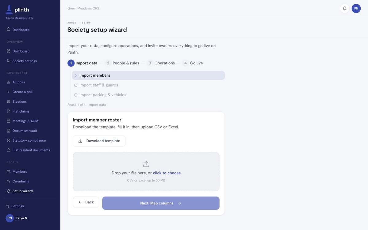 The roster upload step with a template download and a drop area